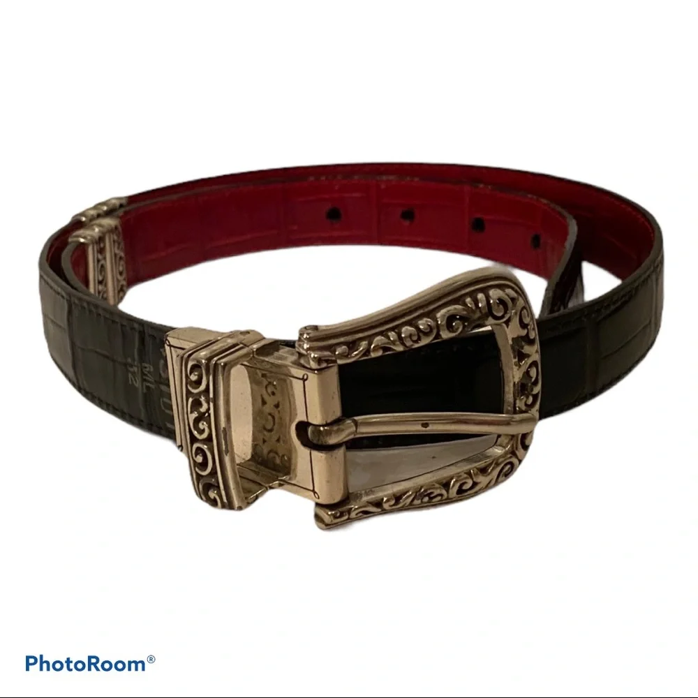 BRIGHTON BELT BLACK RED LEATHER REVERSIBLE SILVER TONE HARDWARE size 32